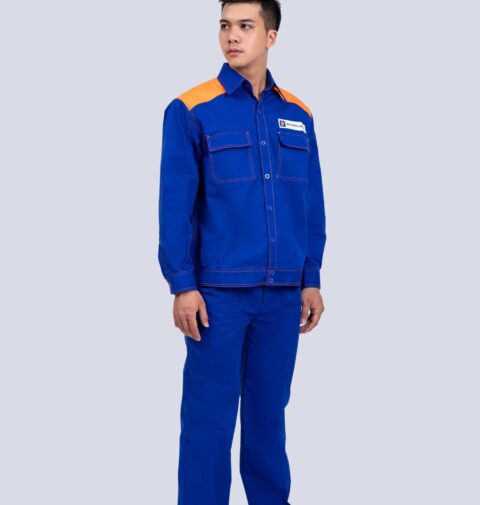 Quần áo bảo hộ pha màu xanh phối vai cam vải Pangzim Hàn Quốc