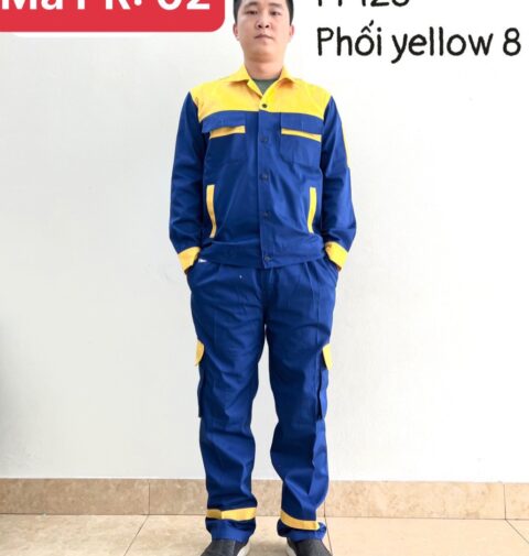 Quần áo bảo hộ vải pangrim phối màu xanh vàng